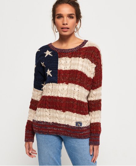 Womens Americana Cable Knit Jumper in Navyburnt Redecru Womens Americana Cable Knit Jumper in Navyburnt Redecru