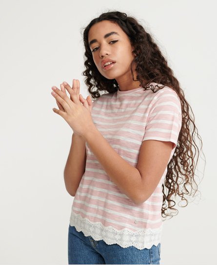 Superdry Women’s Lace Mix T-Shirt Pink / Pink Stripe - Size: 8