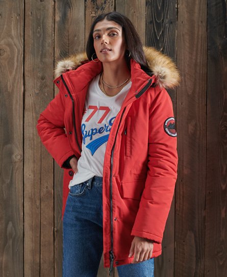 SUPERDRY WOMEN'S HOODED EVEREST FAUX FUR PARKA COAT RED,2082218500373XX4028