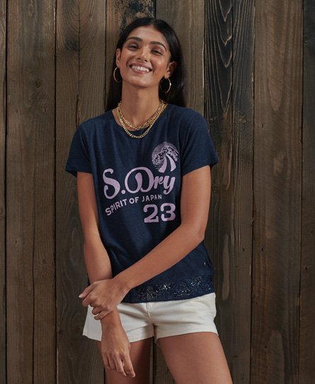 Superdry Femme T-shirt à Motif et Ourlet en Dentelle Montauk Bleu Foncé