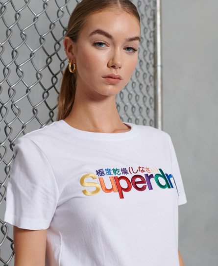 Women\'s Classic Rainbow Embroidered T-Shirt in Optic | Superdry US