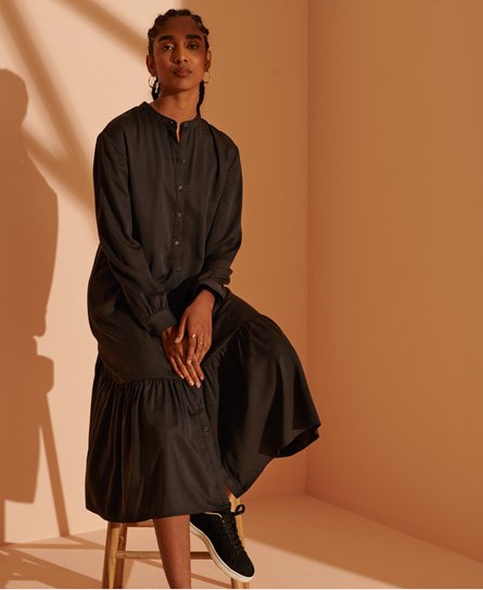 superdry femme cult studios robe chemise à volants en édition limitée noir taille: 42