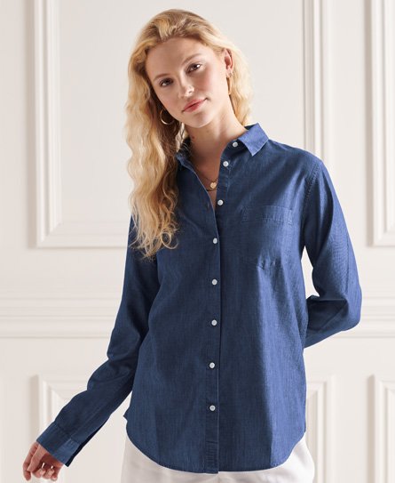superdry women's klassisches, langärmeliges chambray-hemd blau - größe:
