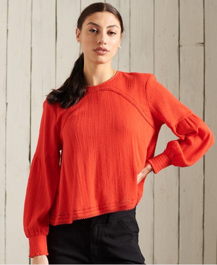 Superdry Long Sleeve Textured Lace Top In Red