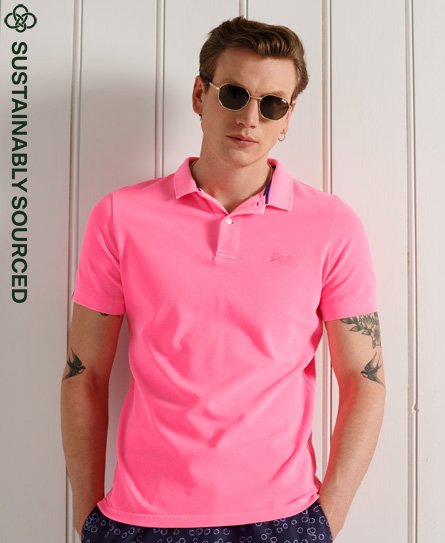 Mens - Organic Cotton Vintage Destroy Polo Shirt in Fluro Pink | Superdry