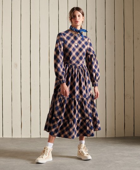 Woven Long Sleeve Check Midi Dress
