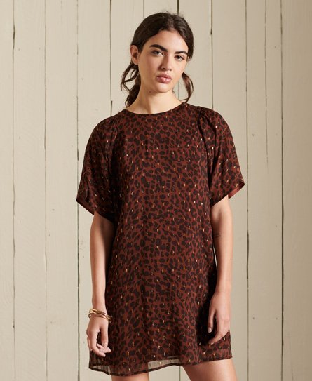 Superdry Ladies Leopard Print T-Shirt Metallic Dress, Brown and Black, Size: 8