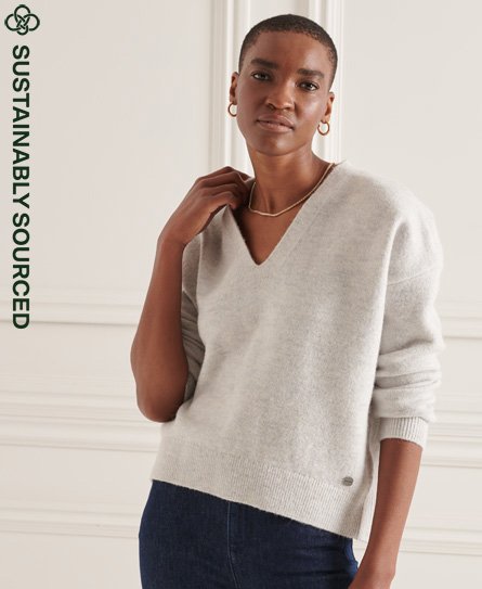 Superdry Women’s Studios Slouch V-Neck Knitted Jumper Light Grey / Pale Grey Marl - Size: 12