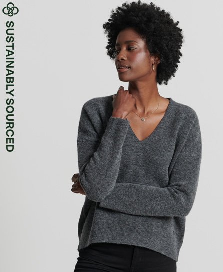 Superdry Women’s Studios Slouch V-Neck Knitted Jumper Dark Grey / Tar Marl - Size: 12