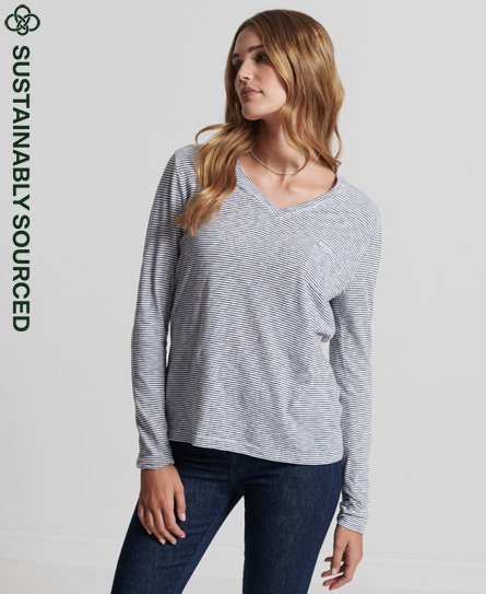 Superdry Women’s Organic Cotton Long Sleeve Pocket V-Neck Top White / Optic/Black Stripe - Size: 8