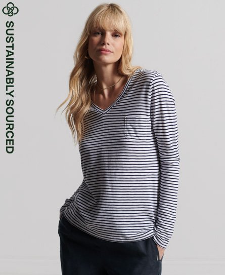 Superdry Women’s Organic Cotton Long Sleeve Pocket V-Neck Top Navy / Navy Breton - Size: 8