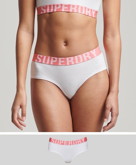 Superdry Women’s Organic Cotton Large Logo Hipster Briefs White / White/Fluro Coral - Size: 10