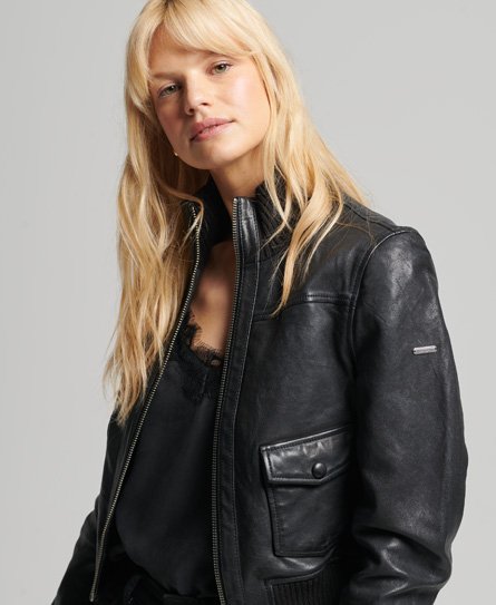 Knitted Collar Leather Bomber Jacket