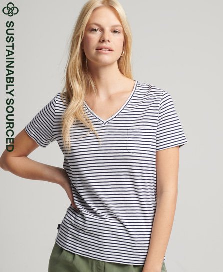 Superdry Women’s Organic Cotton Studios Pocket V-Neck T-Shirt Navy / Navy Breton - Size: 8