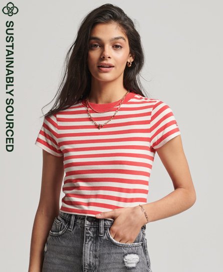 Superdry Women’s Organic Cotton Vintage Crop T-Shirt Red / Soda Pop Red/Oatmeal Stripe - Size: 14