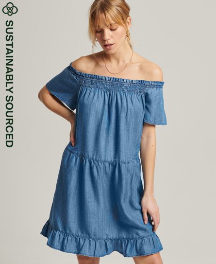 Superdry Women’s Vintage Off The Shoulder Dress Blue / Mid Wash - Size: 16