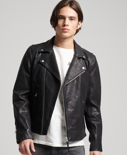Superdry Men’s Leather Moto Biker Jacket Black - Size: Xxl