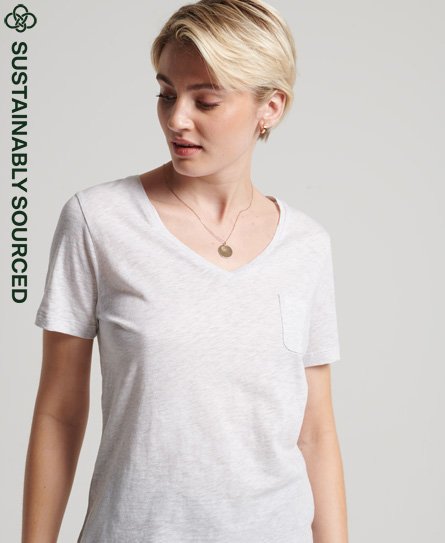 Women’s Organic Cotton Pocket V-Neck T-Shirt Light Grey / Ice Marl - Size: 12 -Superdry