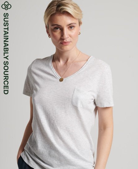 Superdry Women’s Organic Cotton Studios Pocket V-Neck T-Shirt Light Grey / Ice Marl - Size: 10
