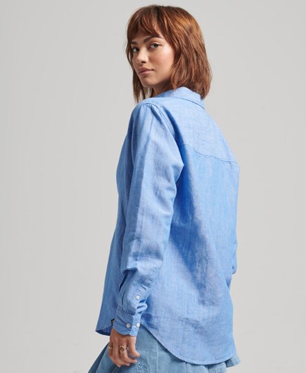 superdry women's hemd aus leinen im boyfriend-stil blau - größe:
