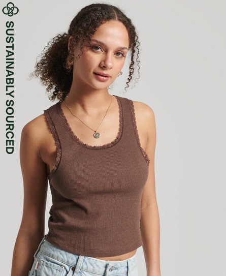 Superdry Women’s Organic Cotton Vintage Lace Trim Vest Brown / French Roast Marl - Size: M/L