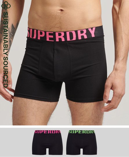 Superdry Men’s Organic Cotton Dual Logo Boxers Double Pack Black / Black/Black Fluro - Size: S