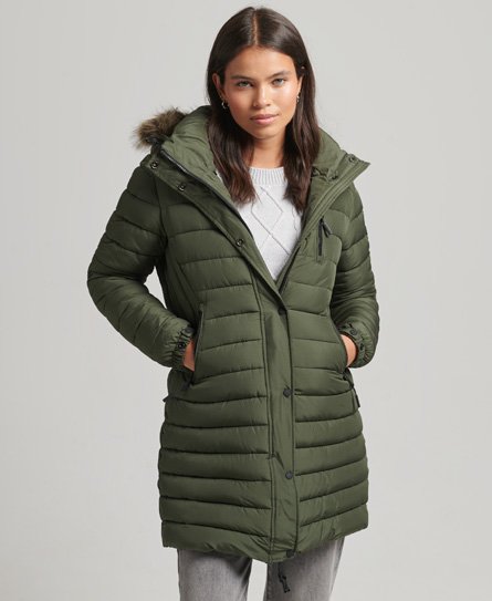 Superdry Women’s Faux Fur Hooded Mid Length Puffer Jacket Khaki / Dark Moss - Size: 8