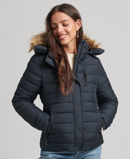Superdry Women’s Faux Fur Short Hooded Puffer Jacket Navy / Eclipse Navy - Size: 8