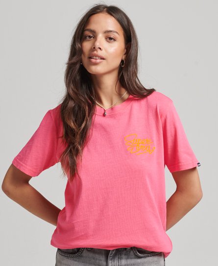 Superdry Women’s Script Style Neon T-Shirt Pink / Knockout Pink Slub - Size: 6