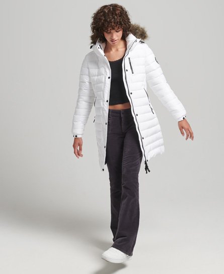 Superdry Women’s Faux Fur Hooded Mid Length Puffer Jacket White - Size: 14