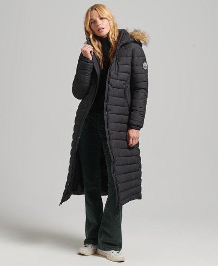 Superdry Women’s Faux Fur Hooded Longline Light Padded Puffer Coat Black - Size: 10