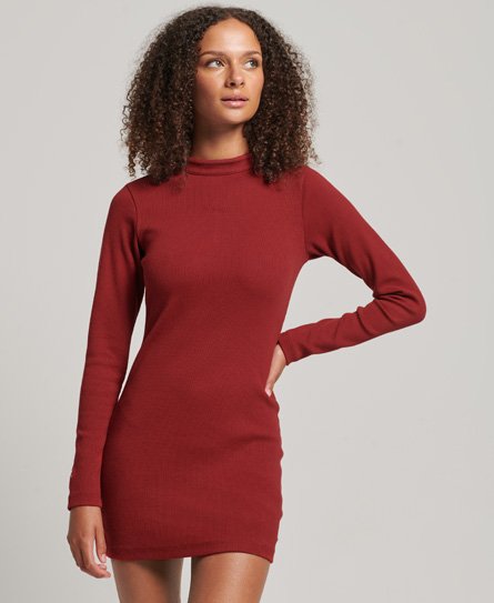 Superdry Women’s Long Sleeve Rib Bodycon Mini Dress Red / Merlot - Size: 8