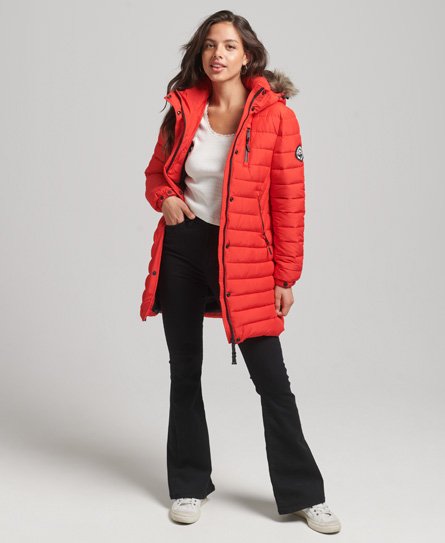 Superdry Women’s Faux Fur Hooded Mid Length Puffer Jacket Red / High Risk Red - Size: 10