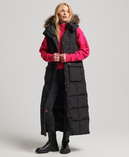 Superdry Women’s Hooded Faux Fur Longline Puffer Gilet Black - Size: 10