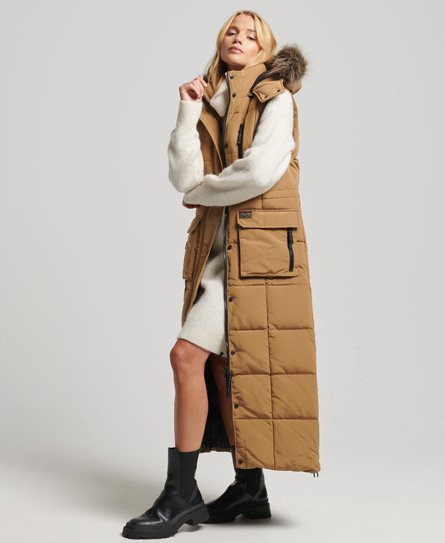 Superdry Women’s Hooded Faux Fur Longline Puffer Gilet Brown / Sandstone - Size: 10