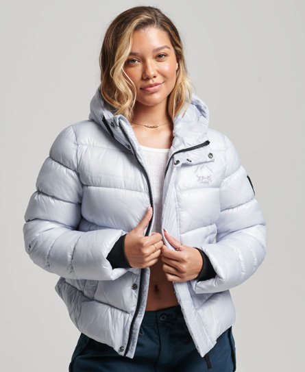 Superdry Women’s Hooded Shine Sports Puffer Jacket Blue / Ice Blue - Size: 8