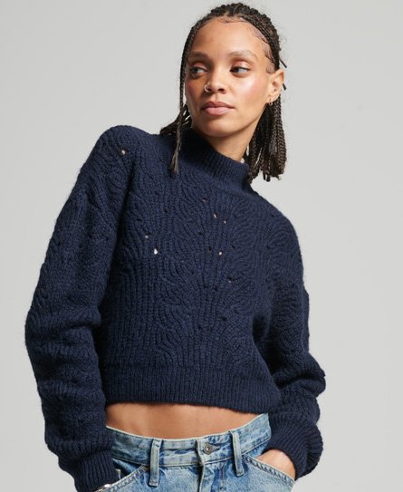 Superdry Women’s Pointelle Cable Knit Jumper Navy / Deep Navy Marl - Size: 14