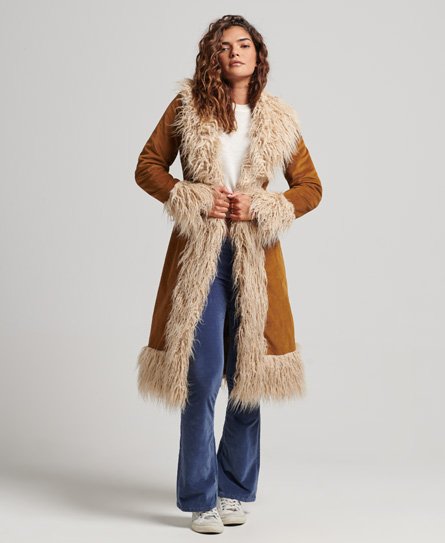 Lang afghansk jakke med kant i imiteret pels