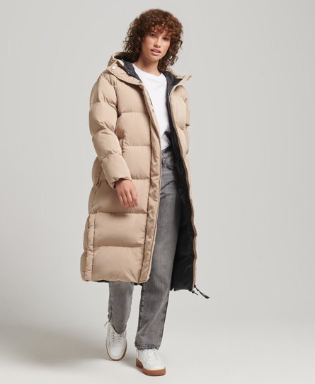 Superdry Women’s Hooded Longline Puffer Coat Brown / Shaker Beige - Size: 10