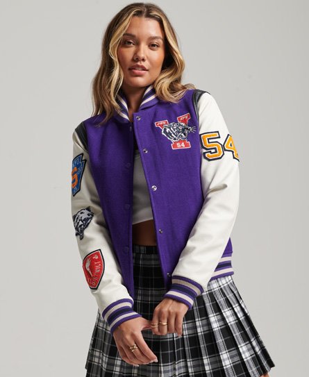 Superdry Vrouwen Varsity Bomberjack met wol en PU Paars Grootte: 36