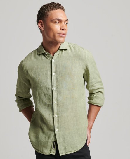 Superdry Men’s Casual Linen Long Sleeve Shirt Green / Greenstone - Size: XL