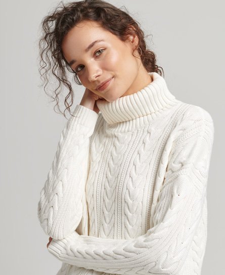 Superdry Women’s Drop Shoulder Cable Roll Neck Jumper White / Winter White - Size: 10