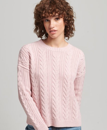 Superdry Women’s Dropped Shoulder Cable Knit Crew Neck Jumper Pink / Nappa Pink Twist - Size: 12