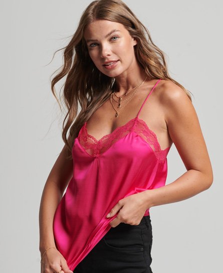 Superdry Women’s Lace Trim Satin Cami Top Pink / Hot Pink - Size: 8