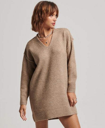 Superdry Women’s Knitted V Neck Jumper Dress Beige / Deep Camel Marl - Size: 14