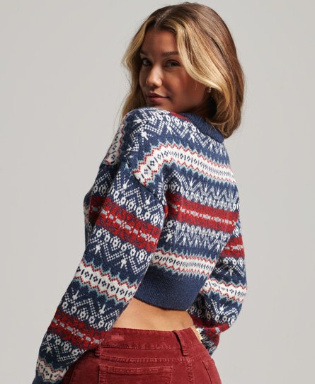 Krótki sweter z okrągłym dekoltem i norweskim wzorem