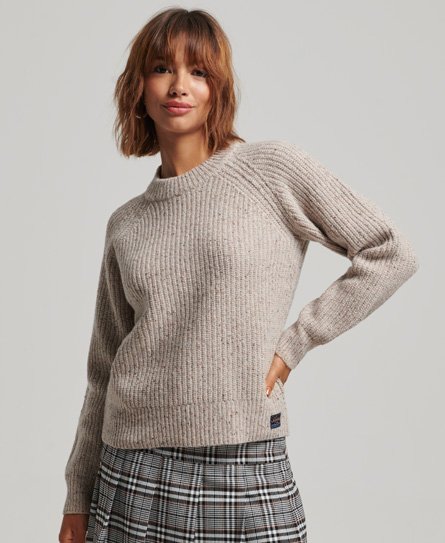 Tweedowy prążkowany sweter z okrągłym dekoltem