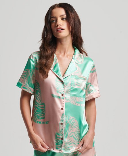 Superdry Women’s Satin Sleepwear Short Sleeve Shirt Pink / Mixed Tiger - Size: 8
