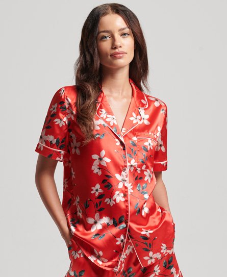 Superdry Women’s Satin Sleepwear Short Sleeve Shirt Red / Wild Rose - Size: 10