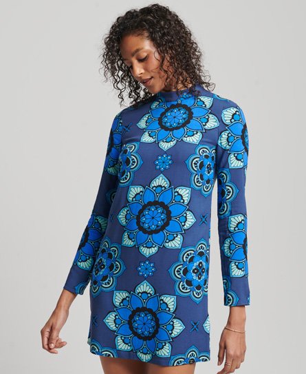 Superdry Women’s Long Sleeve Printed Mini Dress Blue / Psychedelic Blue - Size: 8